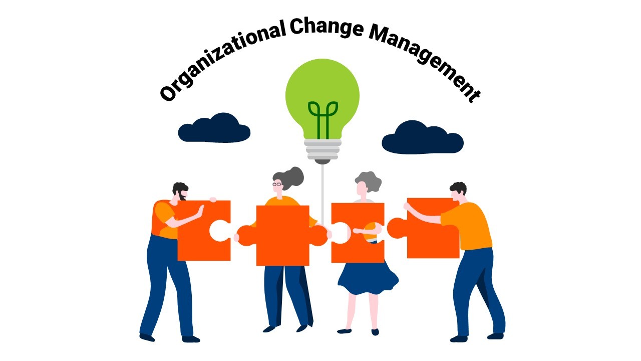 People hold puzzle pieces with "organizational change management" written on them, showing teamwork in change.