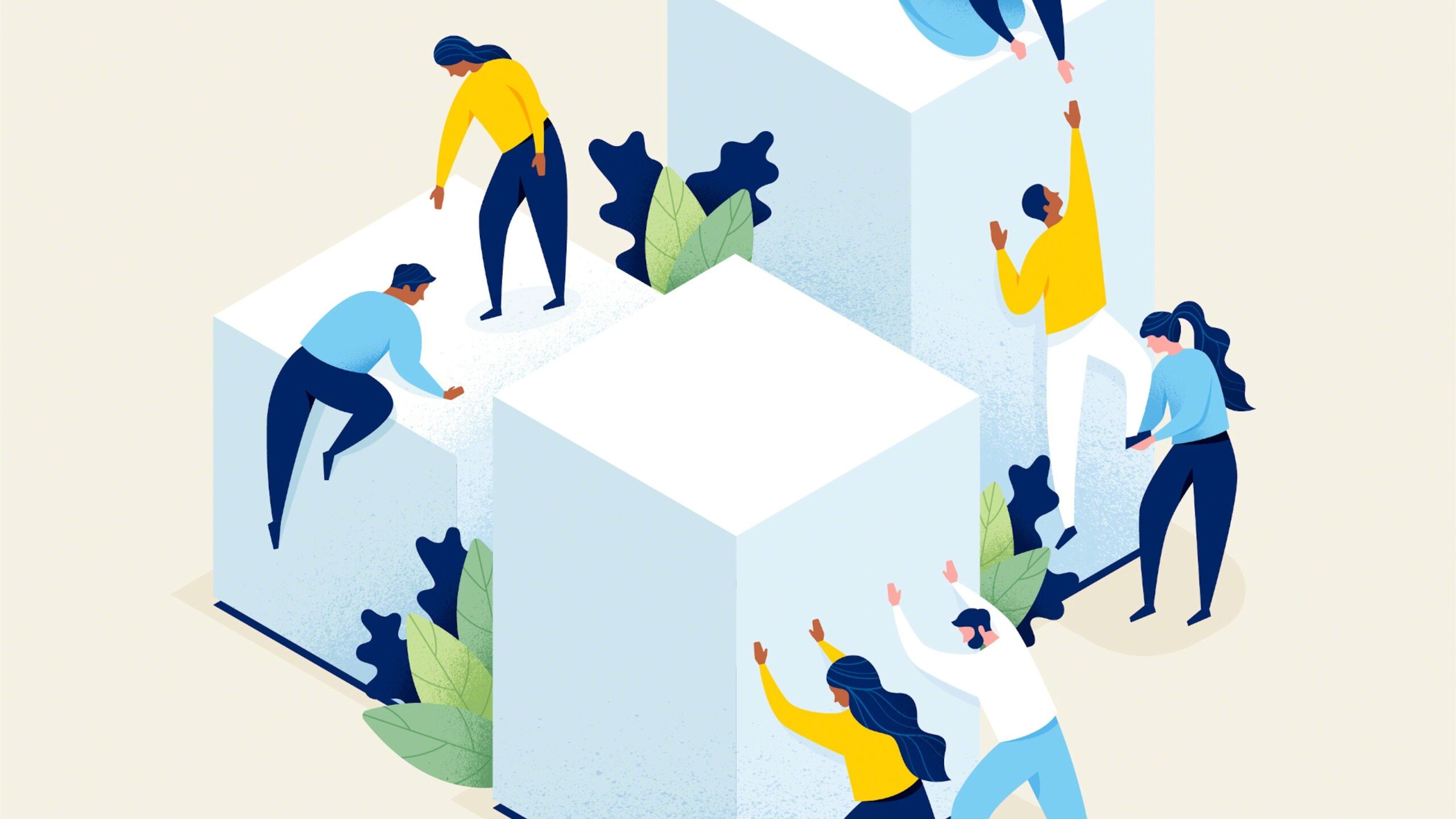 People climbing colorful blocks in 3D, showing teamwork and growth with culture strategies.