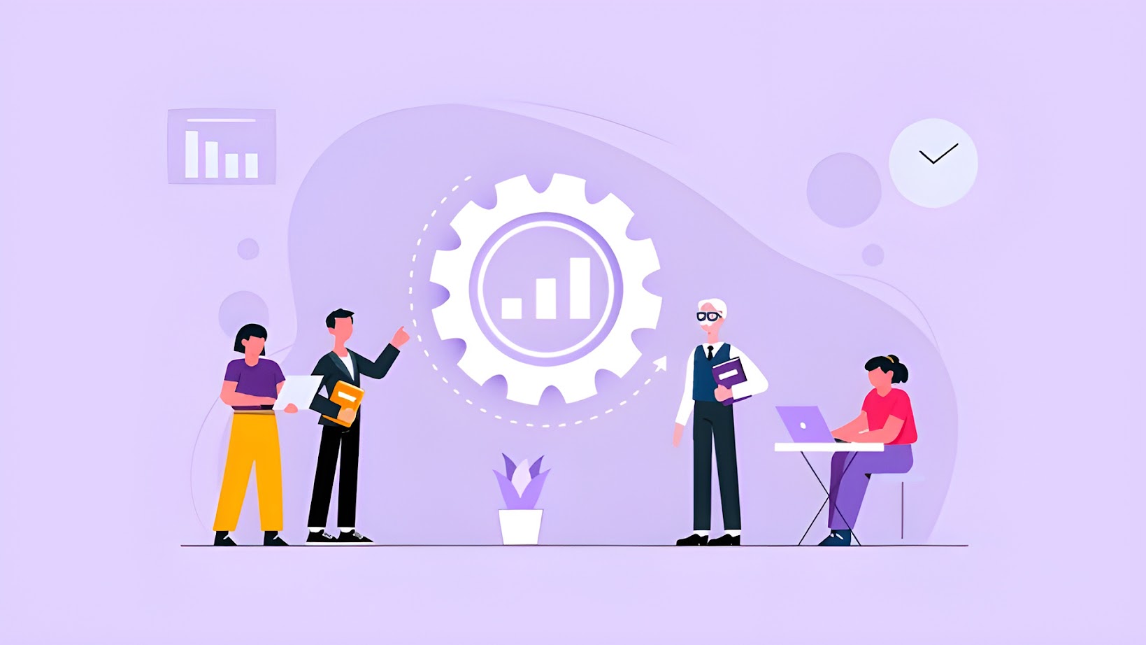Office workers working together with a gear icon showing teamwork and getting things done.