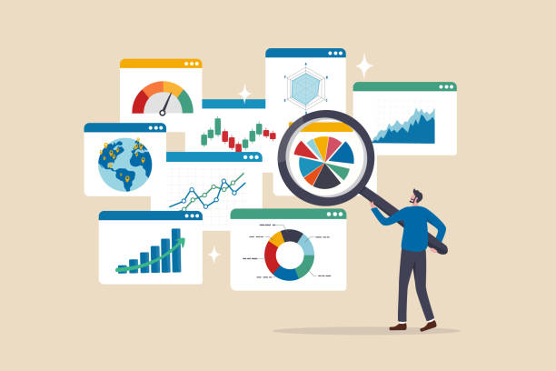 Man checking charts with a magnifying glass, showing how industries use data analytics to understand and improve.