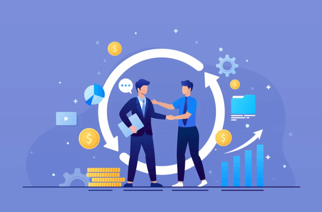 Two businessmen shaking hands with money and tools, showing a deal made with deal management software.