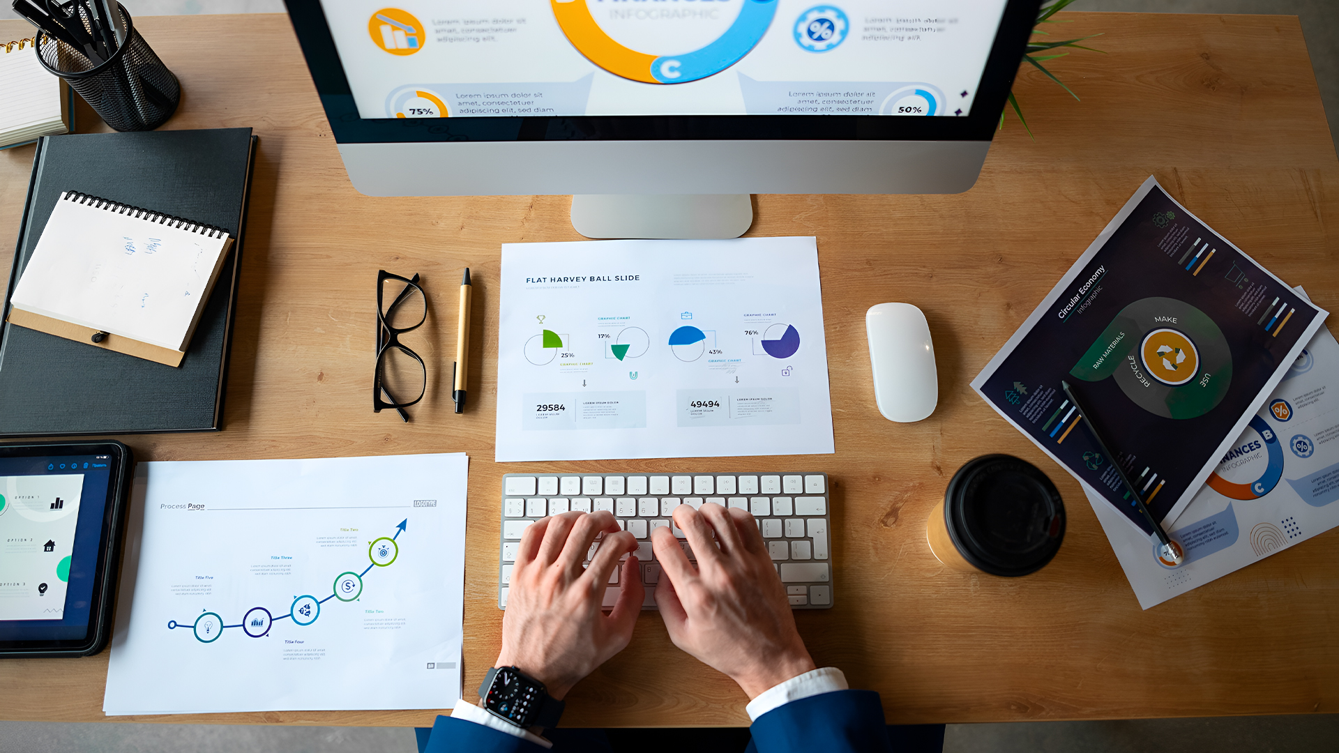 Illustration of financial reporting with charts and graphs